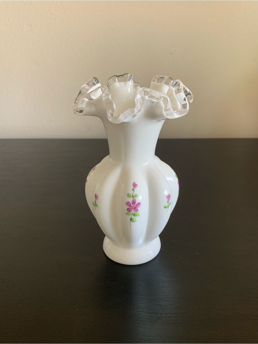 Fenton Silver Crest Milk Glass “Violets in the Snow” Ruffle Edge Melon Vase